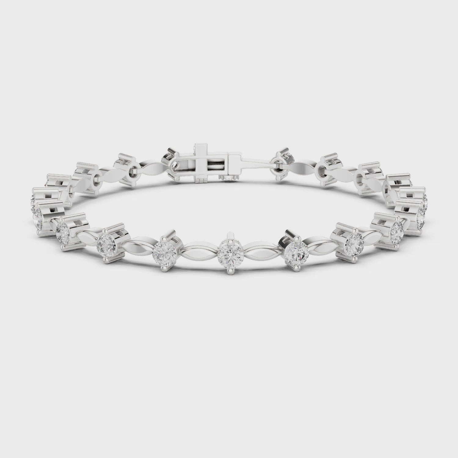 Alternating marquise and round diamond tennis bracelet with polished metal setting