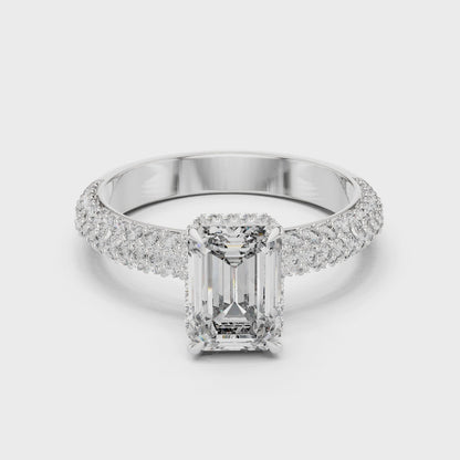 Emerald-cut lab-grown diamond engagement ring with hidden halo

Pavé-set shank engagement ring in white gold

Modern and elegant emerald-cut bridal ring