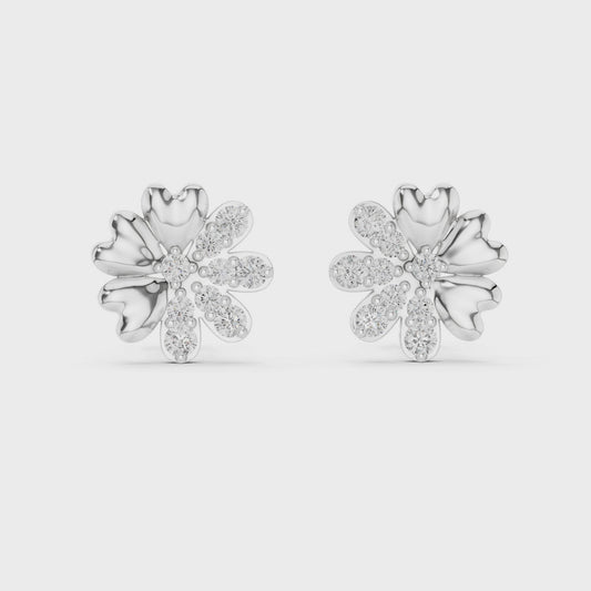 Flower-shaped heart diamond stud earrings featuring a floral cluster design