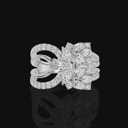 Floral Marquise Diamond Ring, Leaf Cluster Statement Ring, Pave Split Band Ring, Elegant Bridal Jewelry