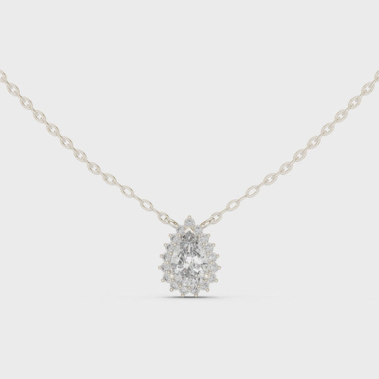 Pear-shaped diamond halo pendant necklace

Lab-grown pear diamond necklace with halo

Teardrop diamond pendant in white gold