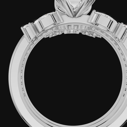 Emerald Cut Diamond Ring Set, Floral Halo Engagement Ring, Pave Bridal Wedding Band, Luxury Three Piece Bridal Jewelry