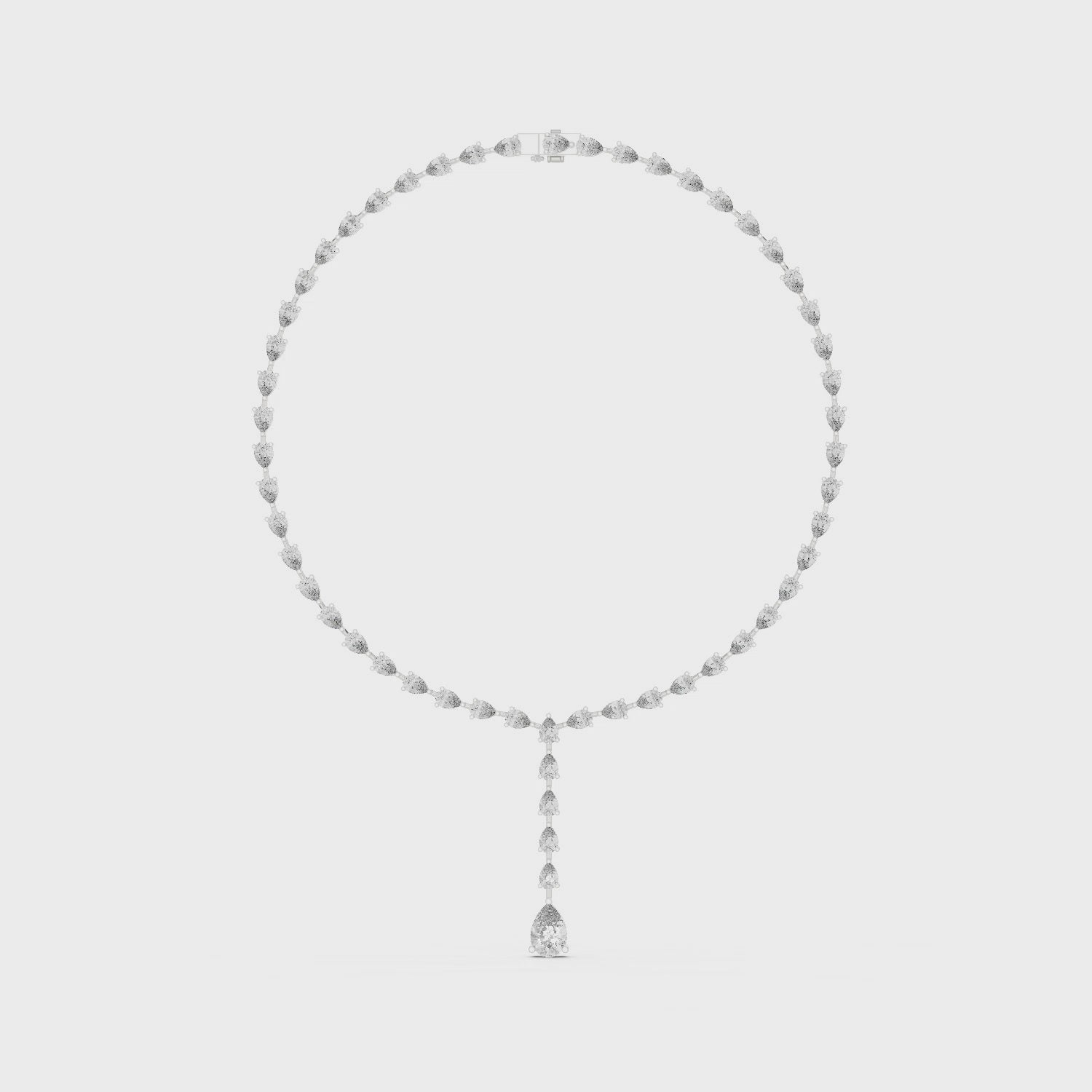 Pear diamond tennis necklace featuring round diamonds with pear-shaped drop pendant in polished metal