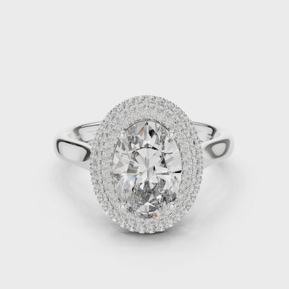 Double halo oval diamond engagement ring in white gold

Lab-grown oval diamond ring with double halo

Elegant oval bridal engagement ring with pavé diamonds