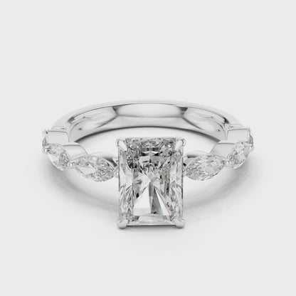 Radiant-cut moissanite ring with marquise side stones

Hidden halo moissanite engagement ring in white gold

Luxury radiant moissanite ring for women