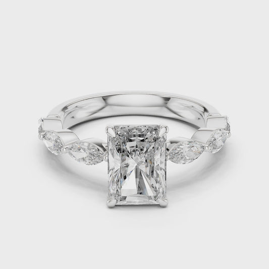 Radiant-cut moissanite ring with marquise side stones

Hidden halo moissanite engagement ring in white gold

Luxury radiant moissanite ring for women