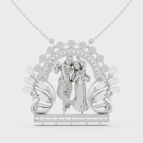 Radha Krishna diamond pendant necklace in white gold

Devotional Radha Krishna pendant with lab-grown diamonds

Spiritual Hindu jewelry Radha Krishna necklace