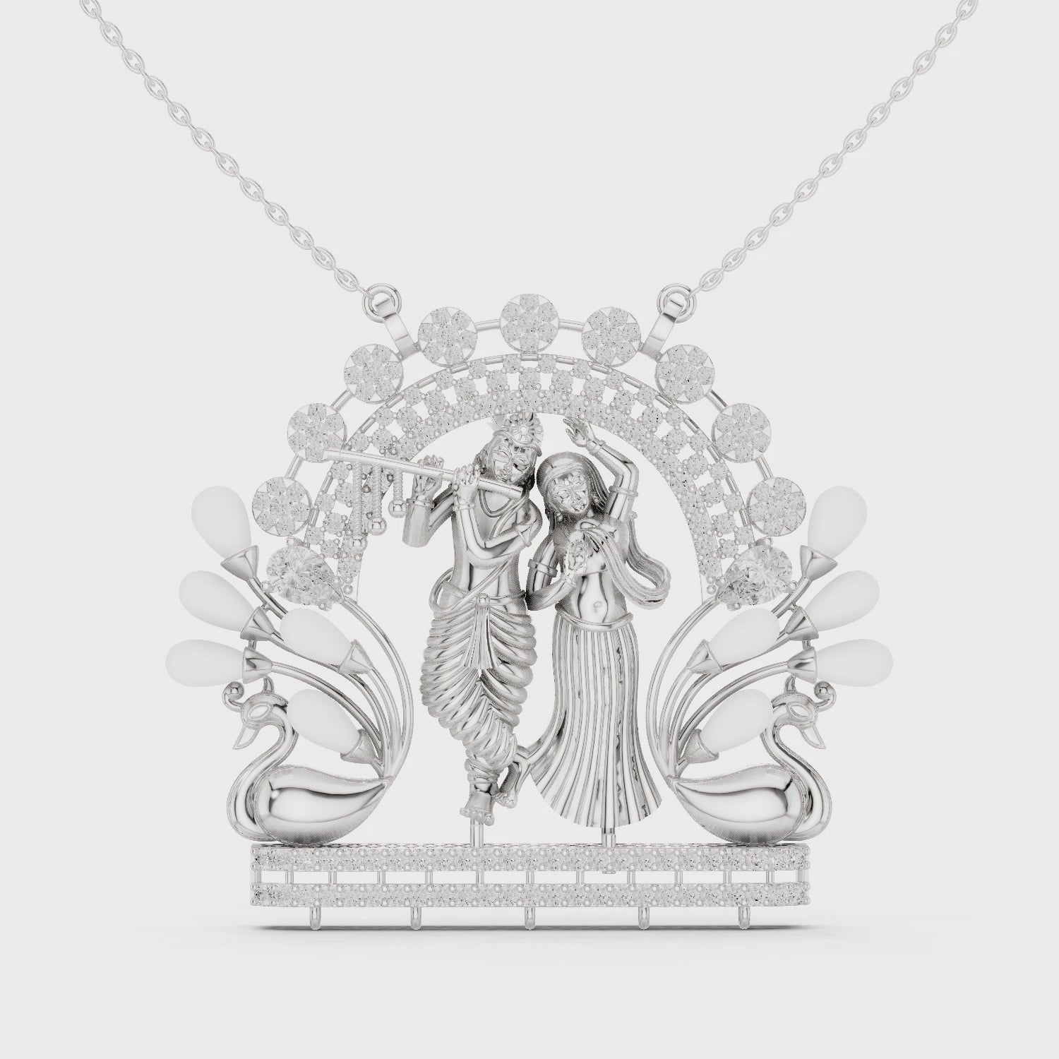 Radha Krishna diamond pendant necklace in white gold

Devotional Radha Krishna pendant with lab-grown diamonds

Spiritual Hindu jewelry Radha Krishna necklace