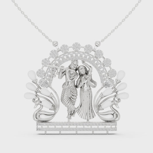 Radha Krishna diamond pendant necklace in white gold

Devotional Radha Krishna pendant with lab-grown diamonds

Spiritual Hindu jewelry Radha Krishna necklace