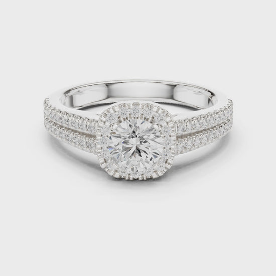 Round diamond halo engagement ring with split-shank pavé band

Lab-grown diamond center with halo and pavé split-shank

Elegant bridal engagement ring with round halo design