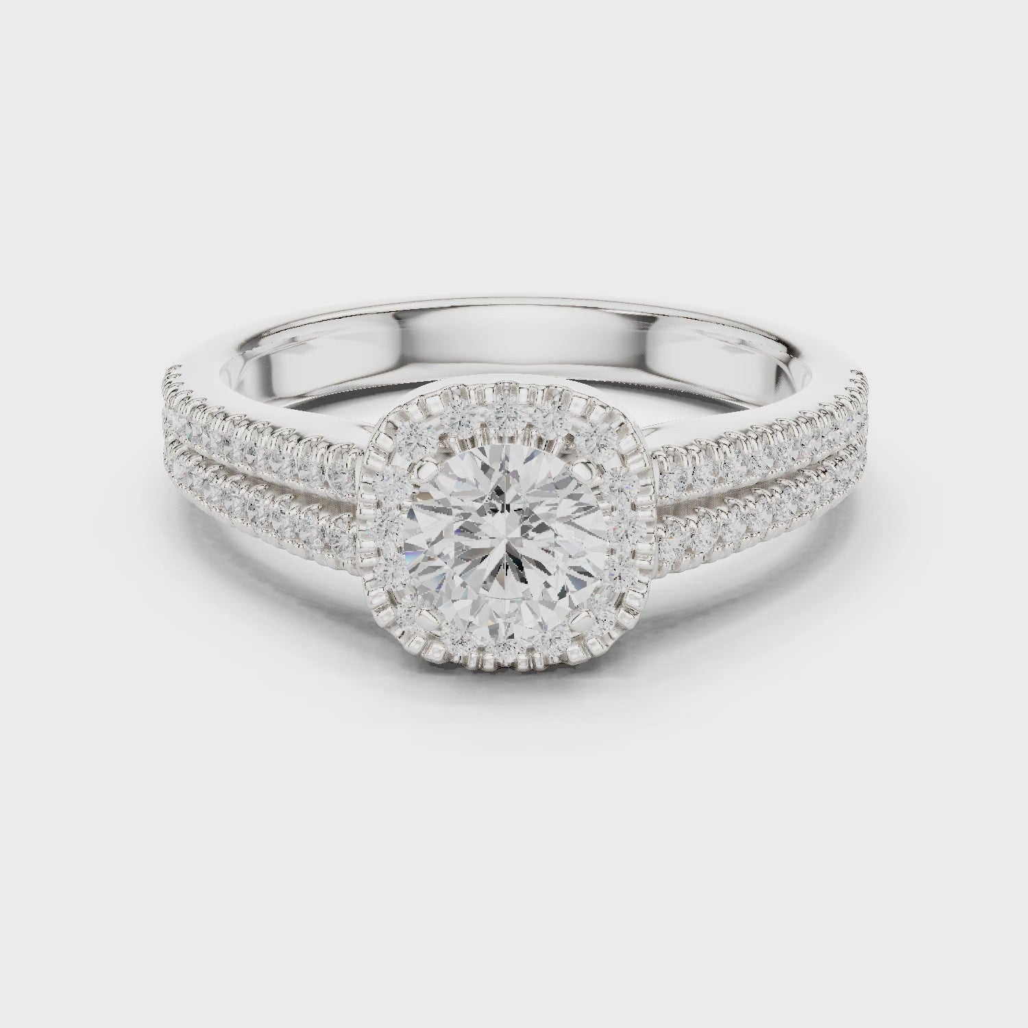 Round diamond halo engagement ring with split-shank pavé band

Lab-grown diamond center with halo and pavé split-shank

Elegant bridal engagement ring with round halo design