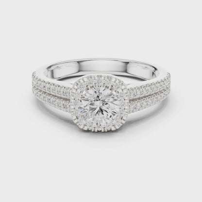 Round diamond halo engagement ring with split-shank pavé band

Lab-grown diamond center with halo and pavé split-shank

Elegant bridal engagement ring with round halo design