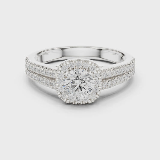 Round diamond halo engagement ring with split-shank pavé band

Lab-grown diamond center with halo and pavé split-shank

Elegant bridal engagement ring with round halo design