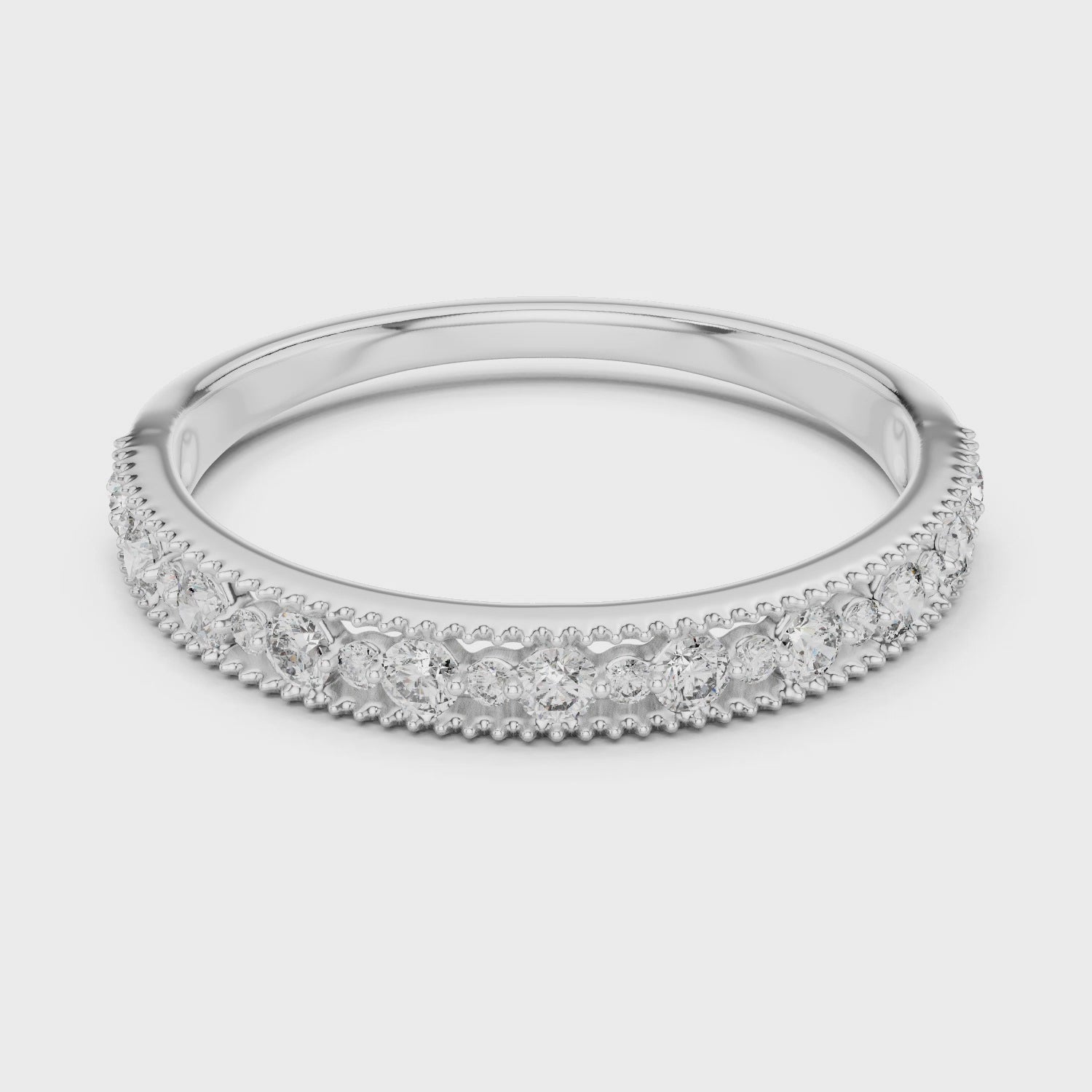Lab-grown diamond wedding band with 18 round diamonds and milgrain detailing

Elegant milgrain diamond band in white gold

Close-up of vintage-inspired diamond wedding ring