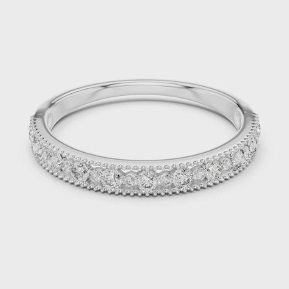 Lab-grown diamond wedding band with 18 round diamonds and milgrain detailing

Elegant milgrain diamond band in white gold

Close-up of vintage-inspired diamond wedding ring
