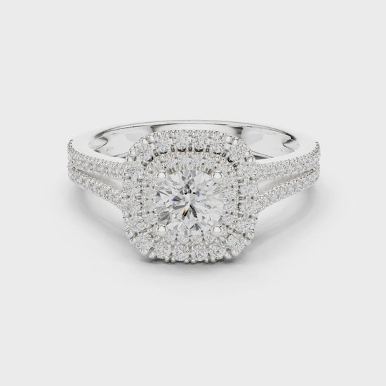 Round diamond double halo engagement ring with split-shank band

Lab-grown diamond center with double halo and pavé split-shank

Elegant bridal engagement ring with sparkling double halo