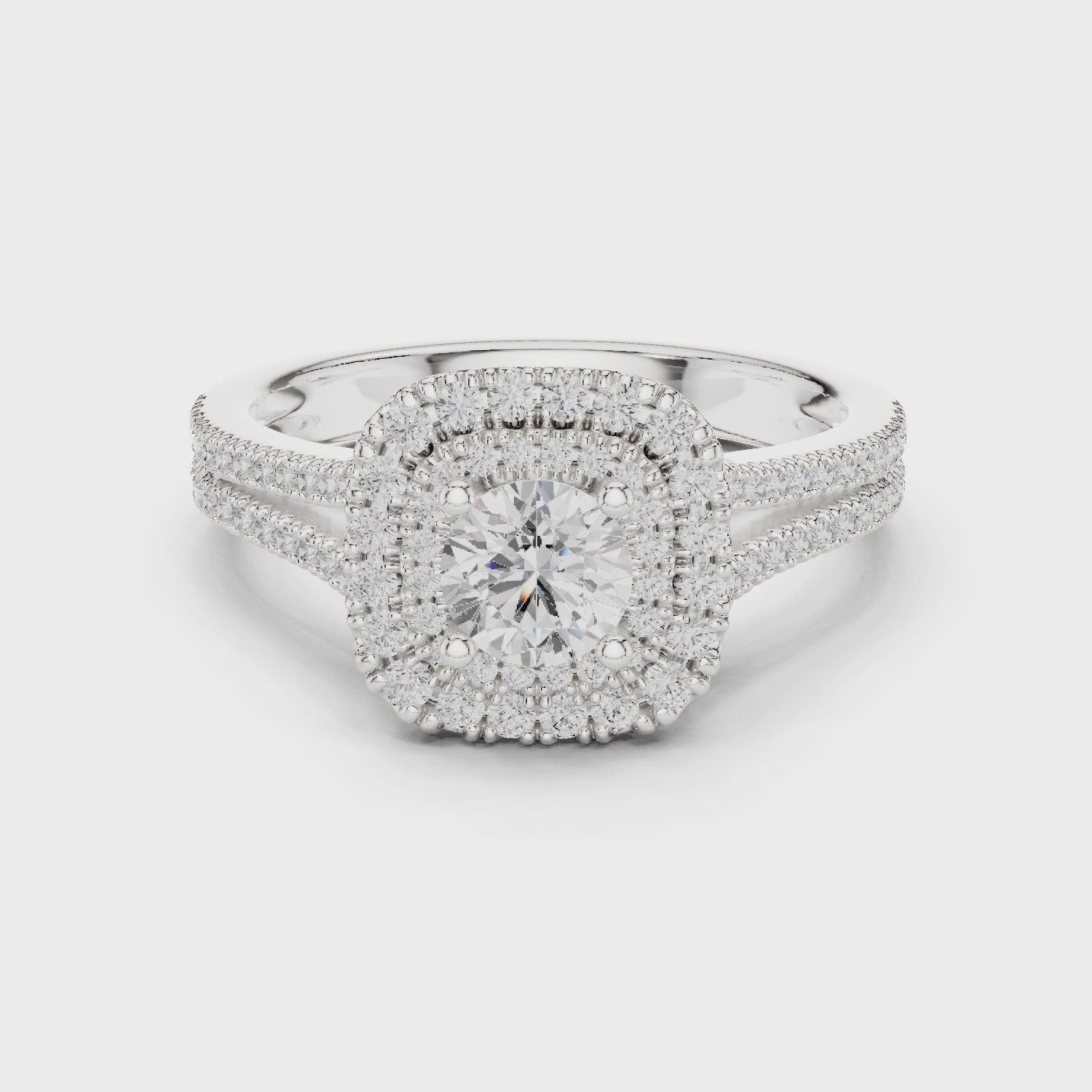 Round diamond double halo engagement ring with split-shank band

Lab-grown diamond center with double halo and pavé split-shank

Elegant bridal engagement ring with sparkling double halo