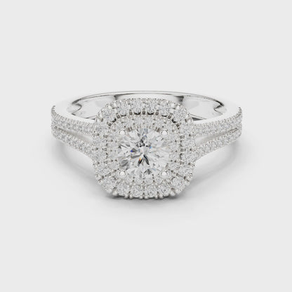 Round diamond double halo engagement ring with split-shank band

Lab-grown diamond center with double halo and pavé split-shank

Elegant bridal engagement ring with sparkling double halo