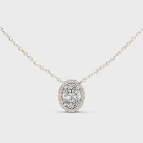 Oval diamond halo pendant necklace in white gold

Lab-grown oval diamond halo pendant close-up

Oval cut diamond necklace with halo setting