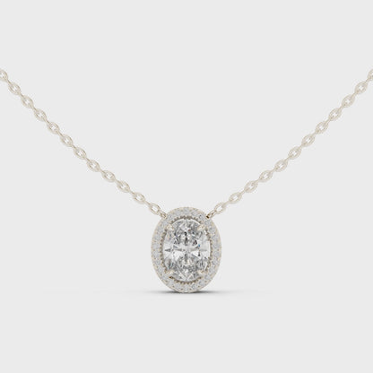 Oval diamond halo pendant necklace in white gold

Lab-grown oval diamond halo pendant close-up

Oval cut diamond necklace with halo setting