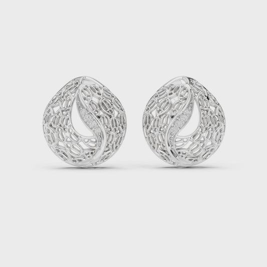 Silver filigree teardrop stud earrings featuring intricate artisan detailing and high-polish finish