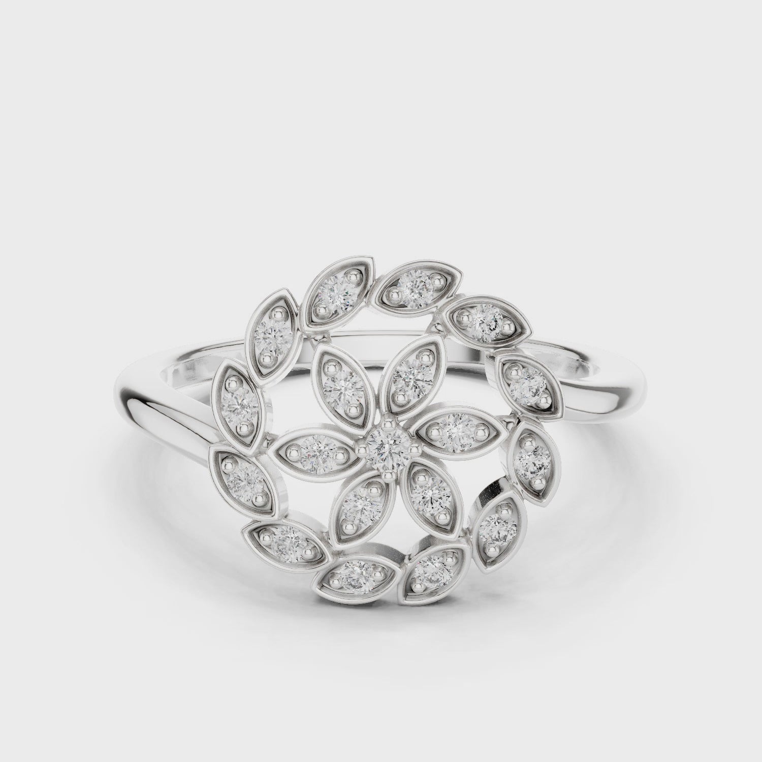 Diamond flower ring with floral design in white gold

Lab-grown diamond floral ring for women

Elegant nature-inspired flower ring