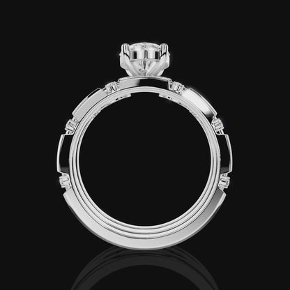 Oval Cut Engagement Ring Set, Floral Accent Bridal Ring, Three Piece Wedding Ring Set