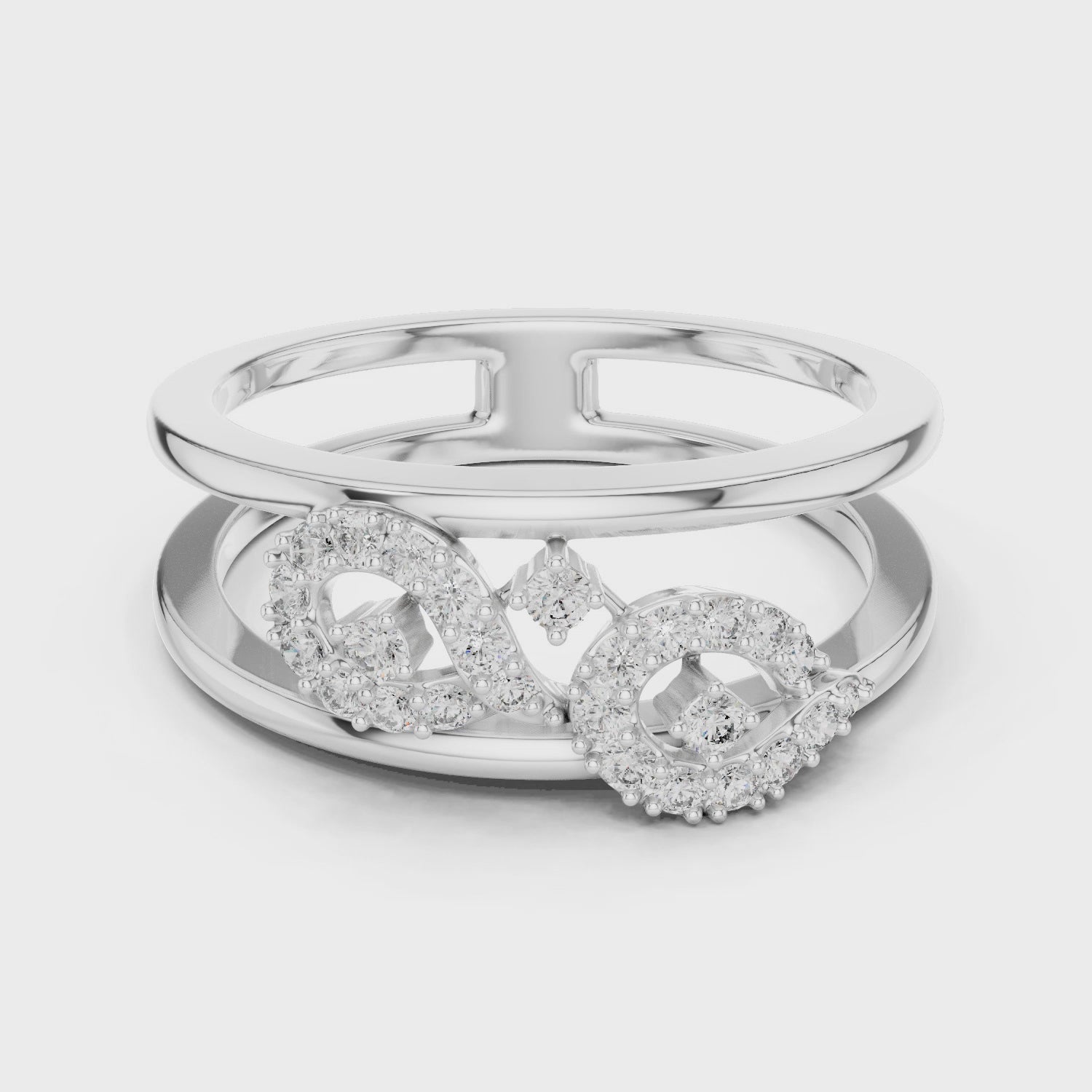 Double band diamond ring featuring two parallel diamond-set bands in a high-polish finish