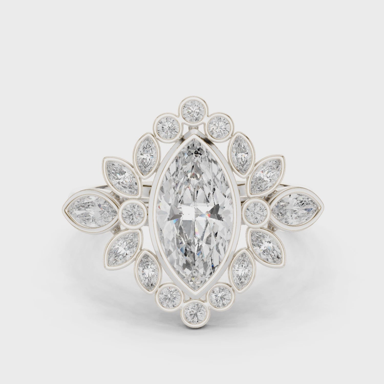 Marquise-cut bezel-set diamond ring with halo of round and marquise diamonds

Lab-grown diamond marquise halo engagement ring

Elegant bridal ring featuring marquise and round halo diamonds