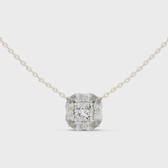 Princess-cut diamond halo pendant necklace

Lab-grown diamond pendant with pear and marquise halo

Floral diamond pendant in white gold