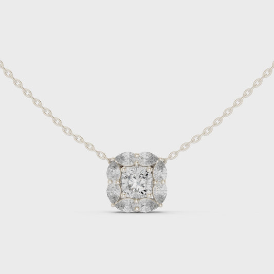 Princess-cut diamond halo pendant necklace

Lab-grown diamond pendant with pear and marquise halo

Floral diamond pendant in white gold