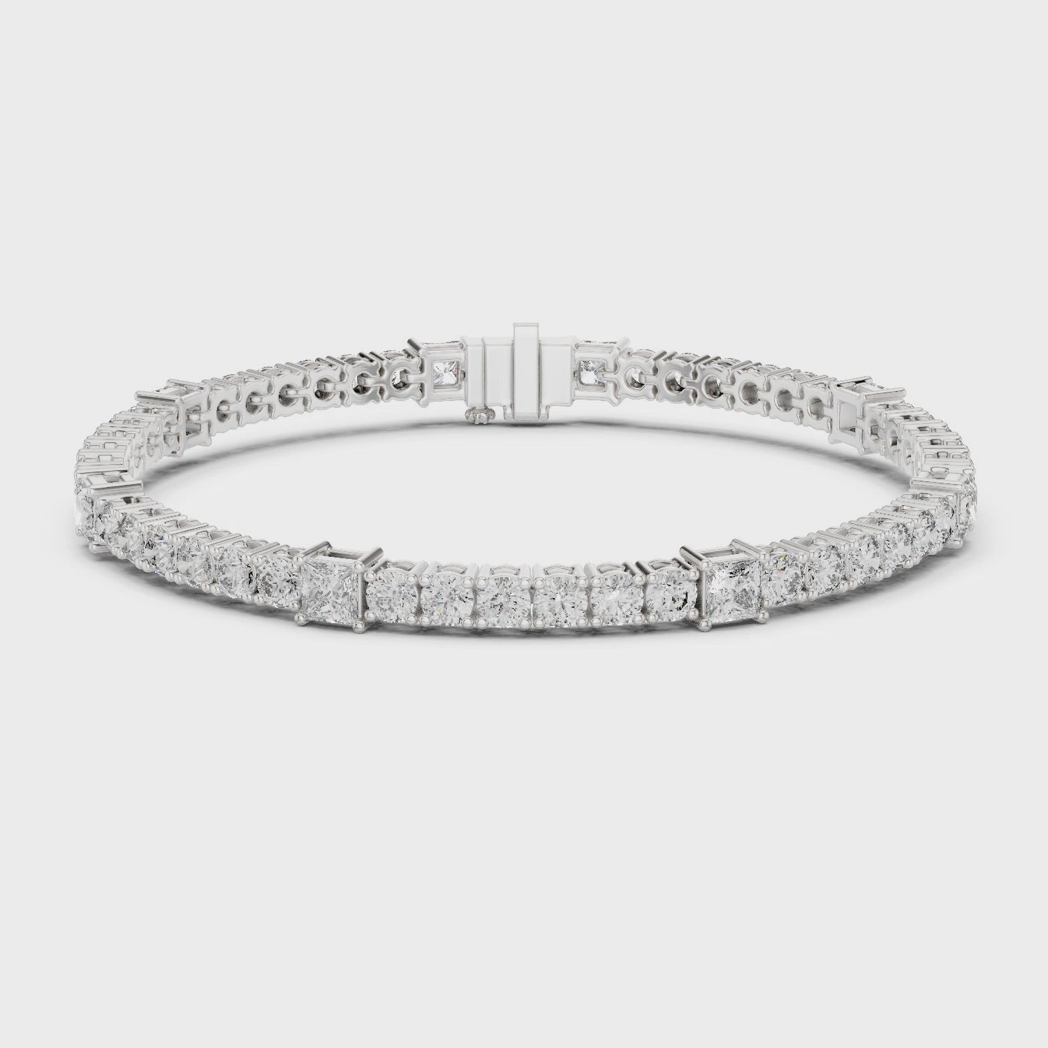 Princess-cut diamond tennis bracelet featuring continuous square-cut diamonds on a polished chain