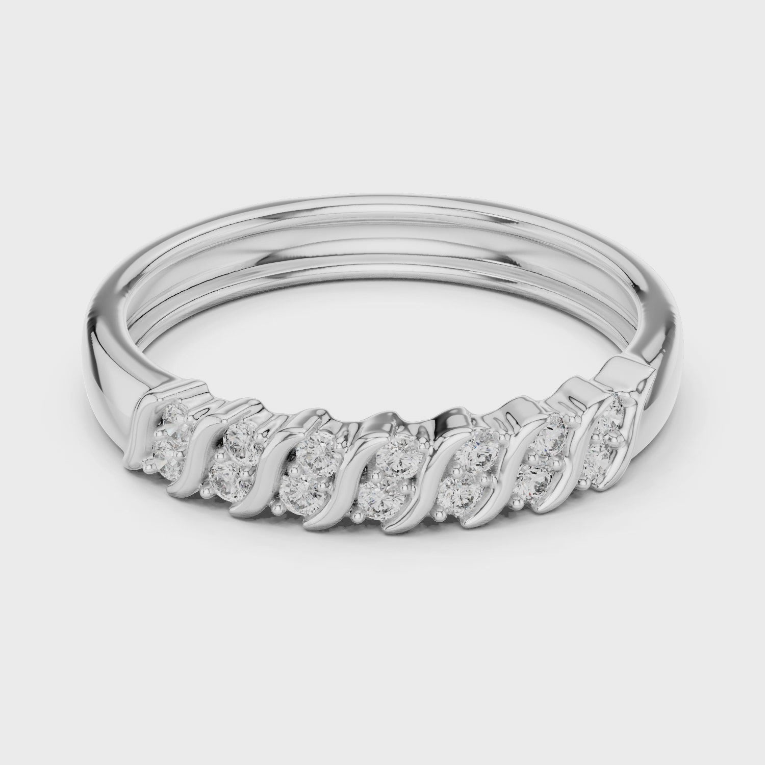 Seven round diamond S-wave wedding band

Lab-grown diamond curved channel band in white gold

Elegant S-wave diamond ring close-up
