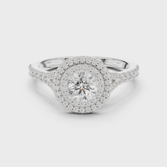 Double halo split-shank cathedral engagement ring in white gold

Lab-grown diamond center with double halo and split-shank

Elegant bridal engagement ring with cathedral design