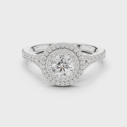 Double halo split-shank cathedral engagement ring in white gold

Lab-grown diamond center with double halo and split-shank

Elegant bridal engagement ring with cathedral design