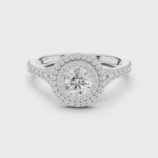 Double halo split-shank cathedral engagement ring in white gold

Lab-grown diamond center with double halo and split-shank

Elegant bridal engagement ring with cathedral design