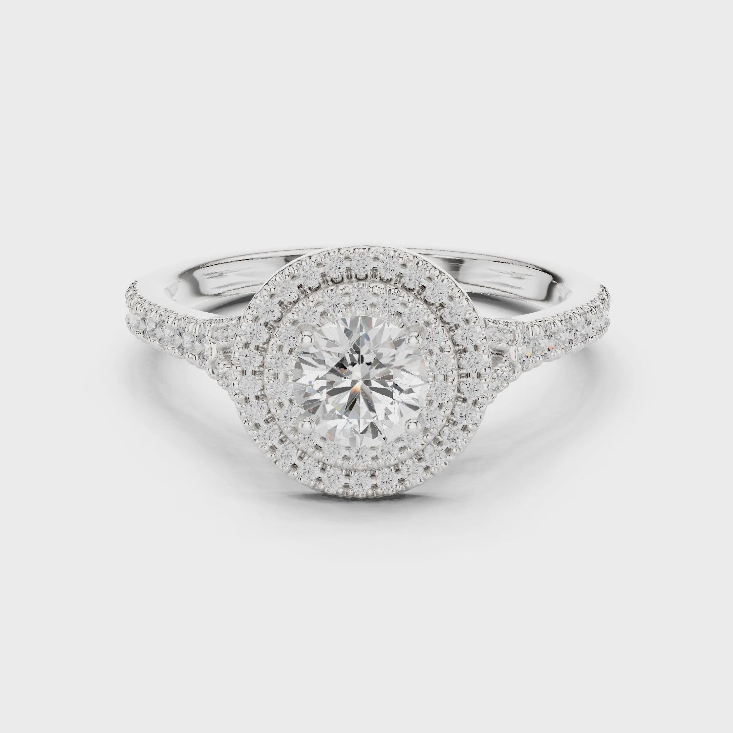 Double halo split-shank cathedral engagement ring in white gold

Lab-grown diamond center with double halo and split-shank

Elegant bridal engagement ring with cathedral design