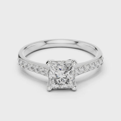 Princess-cut lab-grown diamond engagement ring with pavé band

Elegant princess-cut diamond ring in white gold

Close-up of princess-cut center stone with pavé-set band