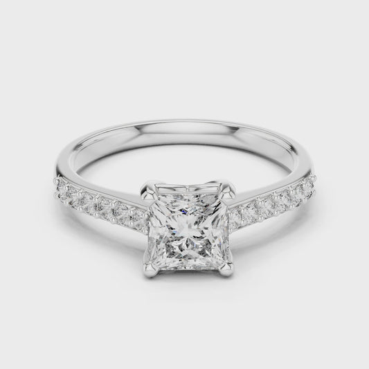Princess-cut lab-grown diamond engagement ring with pavé band

Elegant princess-cut diamond ring in white gold

Close-up of princess-cut center stone with pavé-set band