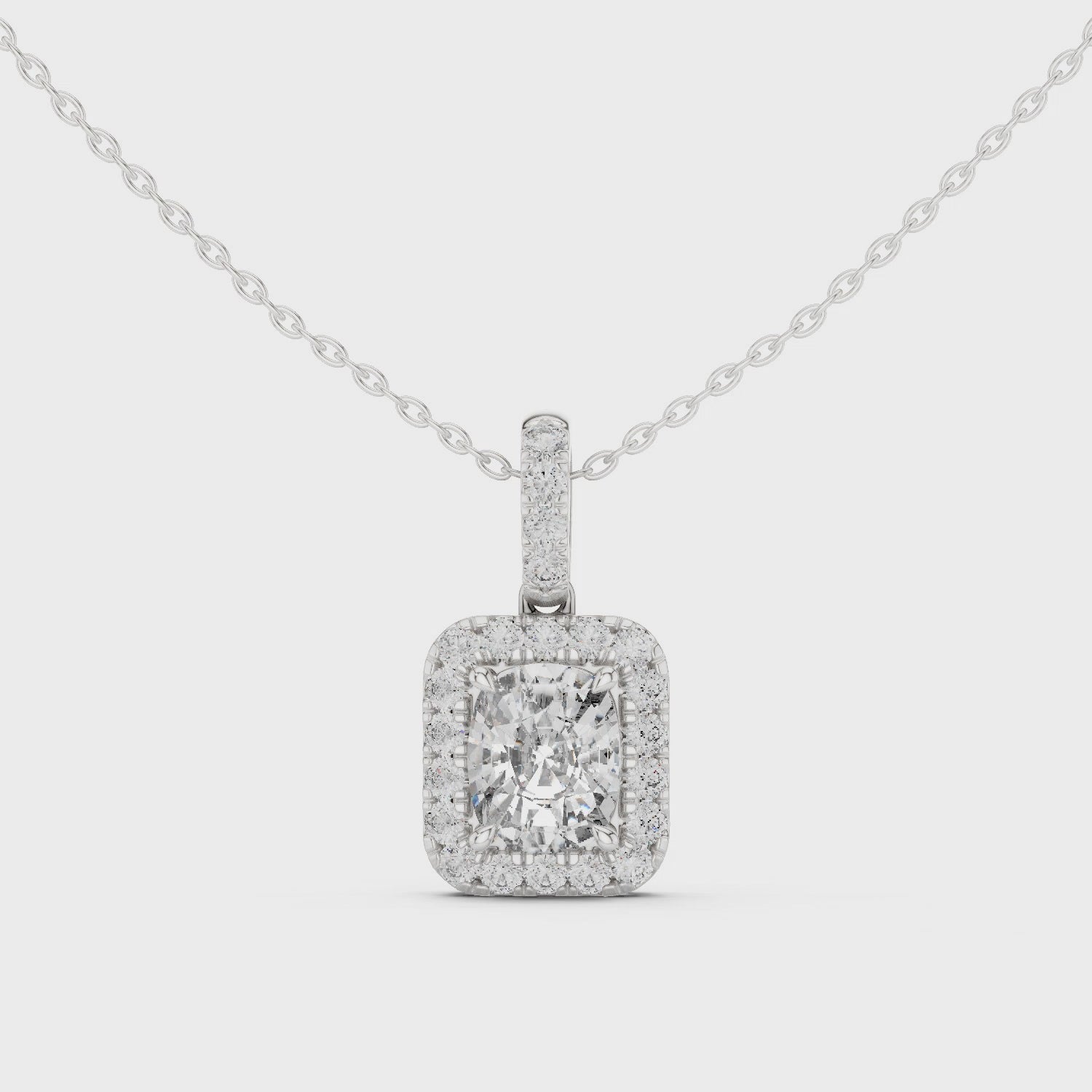 Cushion halo lab-grown diamond pendant necklace

Cushion-cut diamond halo pendant in white metal

Elegant cushion halo diamond necklace for women