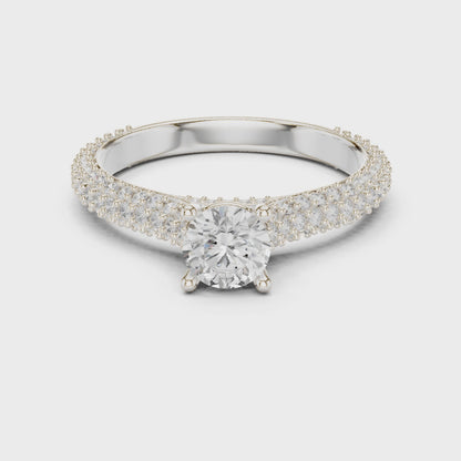 Round solitaire engagement ring with five rows of pavé diamonds

Lab-grown diamond solitaire ring with pavé band in white gold

Luxury bridal engagement ring with sparkling multi-row pavé