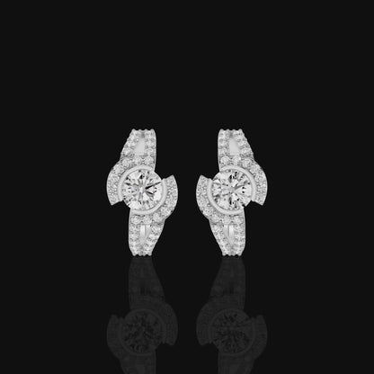 Elegant Round Diamond Earrings, Modern Curved Pavé Stud Earrings for Women, Luxury Look Fine Jewelry