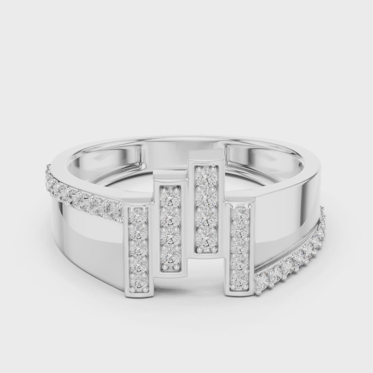 Diamond-studded letter 'T' adjustable ring in polished metal