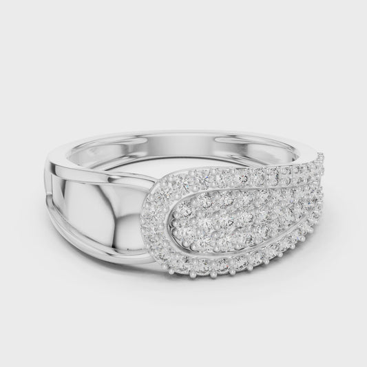 Lab-grown diamond buckle ring with polished metal band and sparkling diamonds